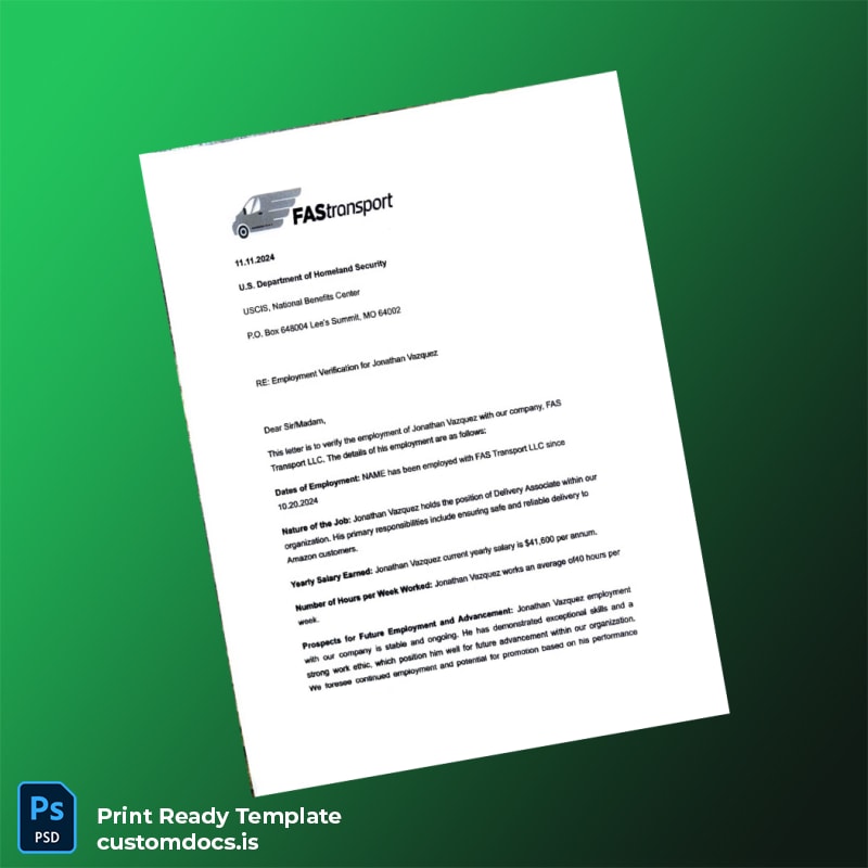 custom United States FAS Transport Proof of Employment Letter Template - Word & PDF File Preview - CustomDocs