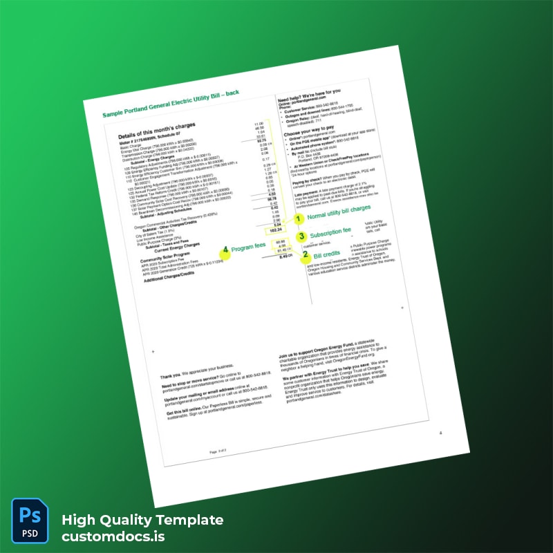 United States Portland General Electric Editable Utility Bill Template in Word and PDF formats page 2
