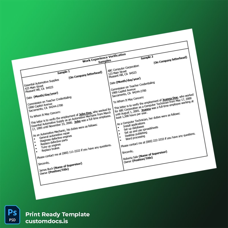 custom United States Work Experience Verification Letter Template - Word & PDF File Preview - CustomDocs