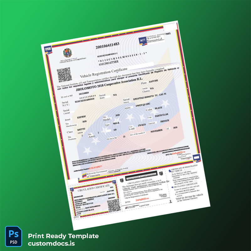 Custom Venezuela National Land Transportation Vehicle Registration Certificate Template in Word and PDF formats page 2 File Preview - CustomDocs