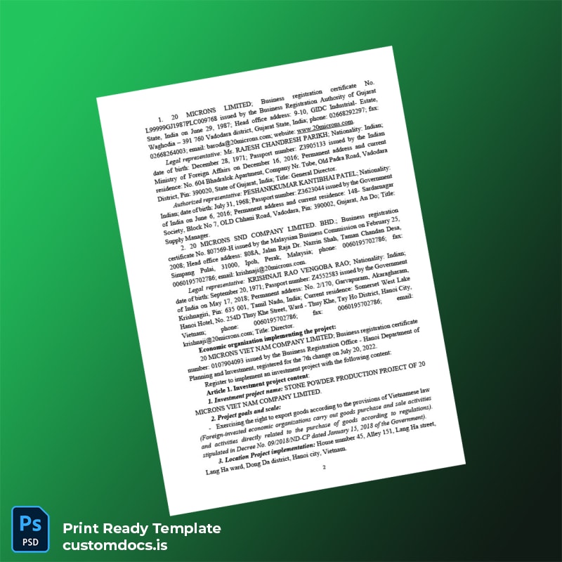 Customizable Vietnam Investment Registration Certificate Template in Word and PDF formats page 2 File Preview