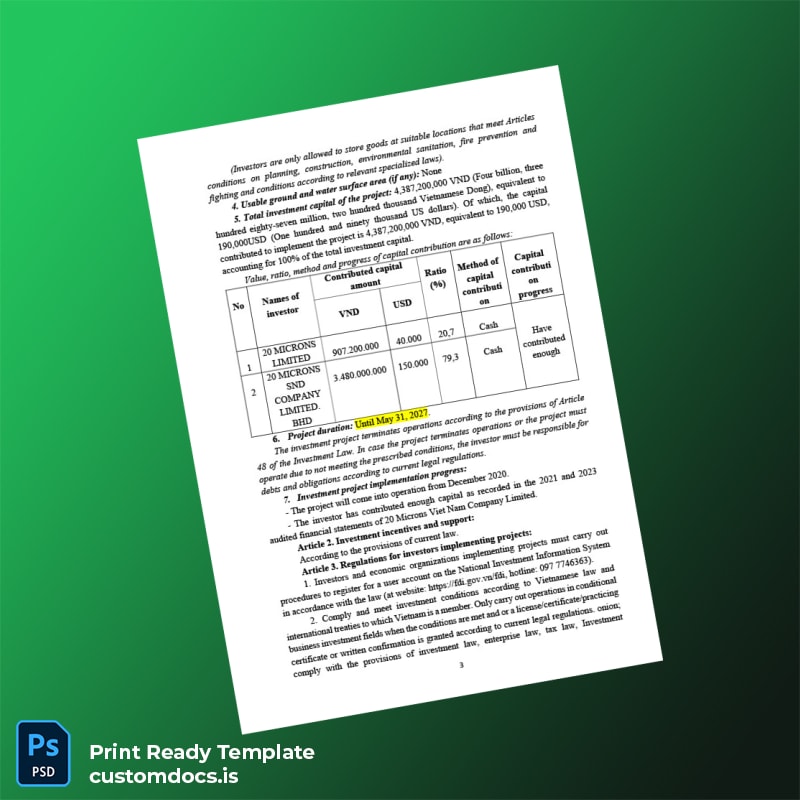 Customizable Vietnam Investment Registration Certificate Template in Word and PDF formats page 3 File Preview