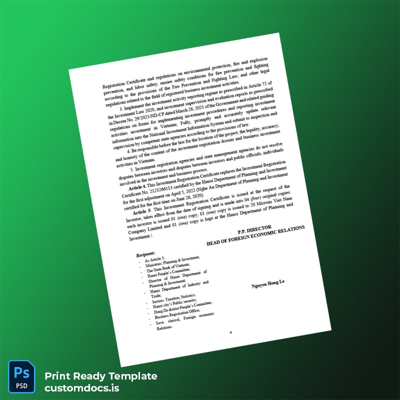 Customizable Vietnam Investment Registration Certificate Template in Word and PDF formats page 4 File Preview