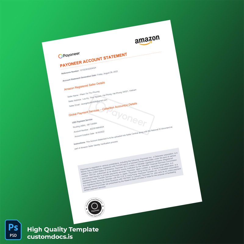 Vietnam Payoneer Account Statement Template in Word and PDF formats