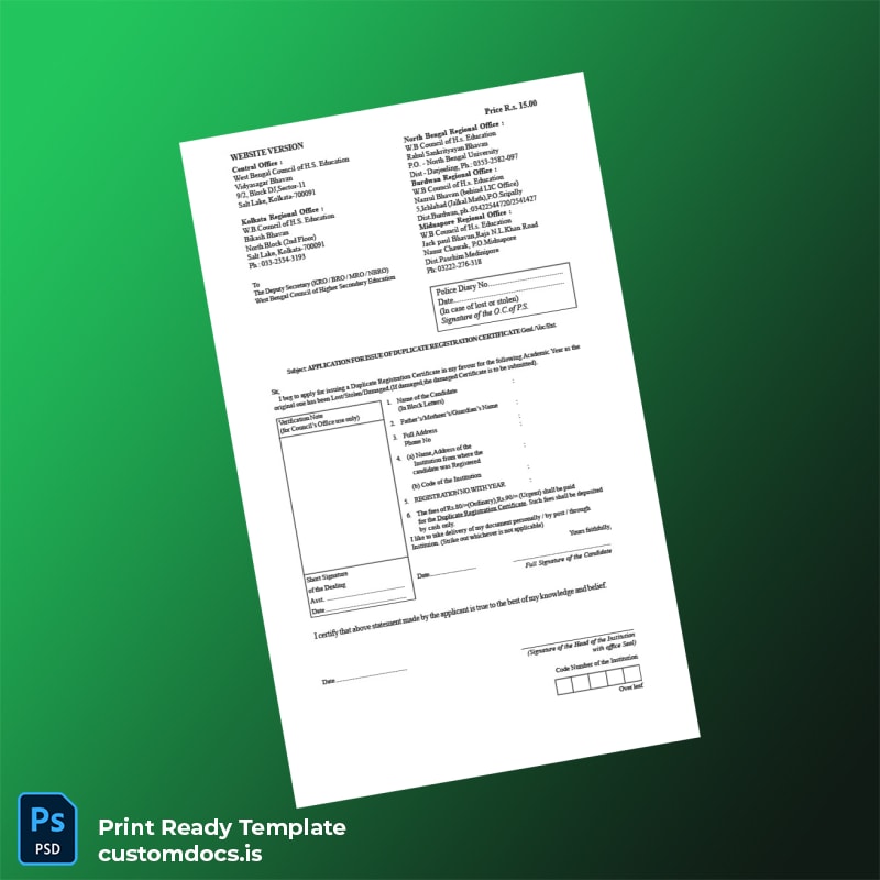 custom West Bengal Council of H S Education Duplicate Registration Certificate Application Template - Word & PDF File Preview - CustomDocs