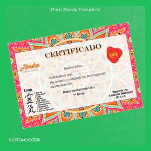 custom Argentina Akasha Reiki Traditional 1st Level Certificate Template File Preview - CustomDocs