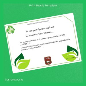 custom Argentina Colegio N°8982 Perito Moreno Diploma in Environmental Care Template File Preview - CustomDocs