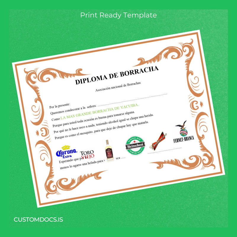 custom Bolivia Asociación Nacional de Borrachas Diploma de Drunkard Template File Preview - CustomDocs