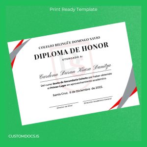 custom Bolivia Colegio Bilingüe Domingo Savio Honor Diploma Template File Preview - CustomDocs