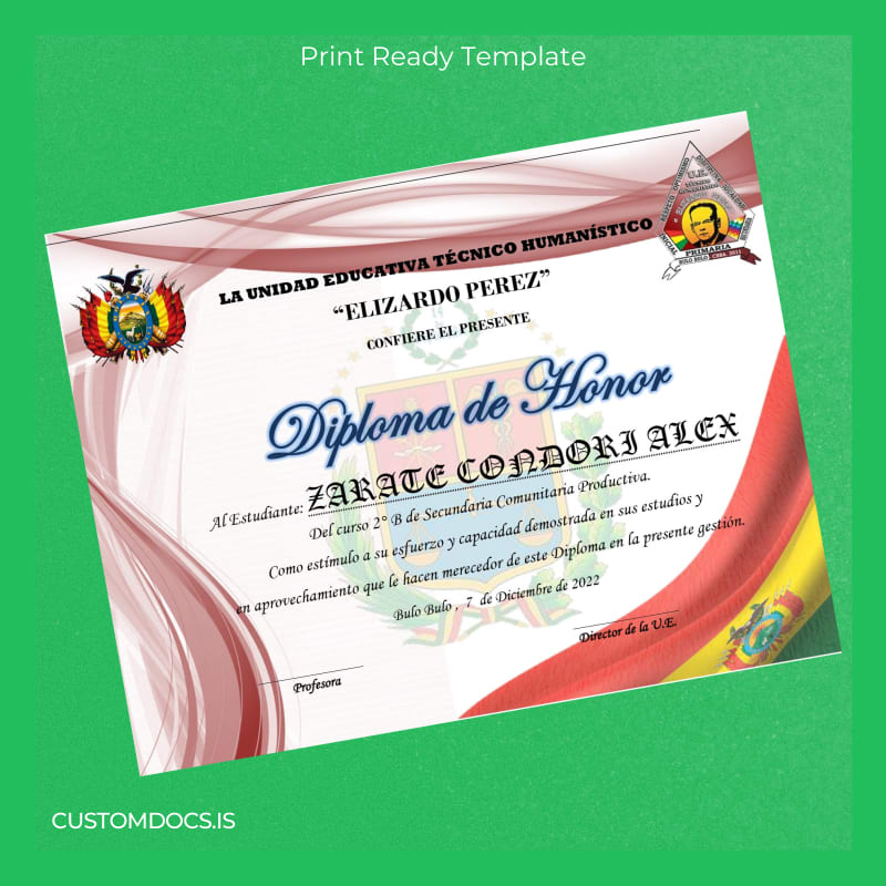 custom Bolivia Elizardo Pérez Technical Humanistic Educational Unit Diploma File Preview - CustomDocs