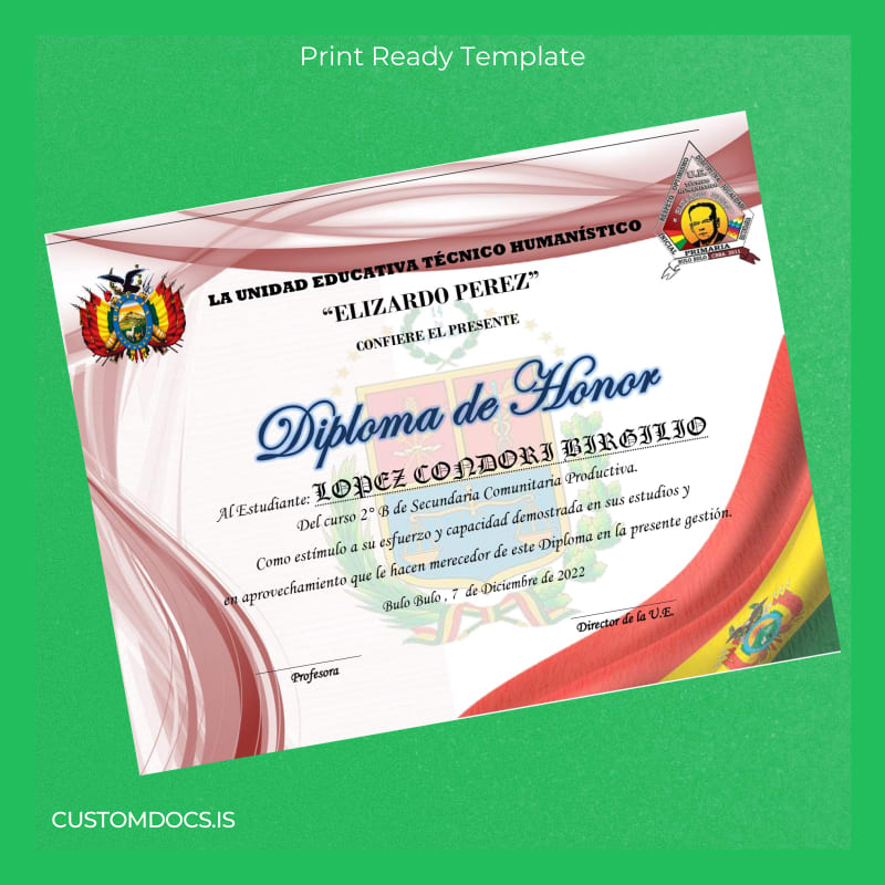 Custom Bolivia Elizardo Pérez Technical Humanistic Educational Unit Diploma page 3 File Preview - CustomDocs