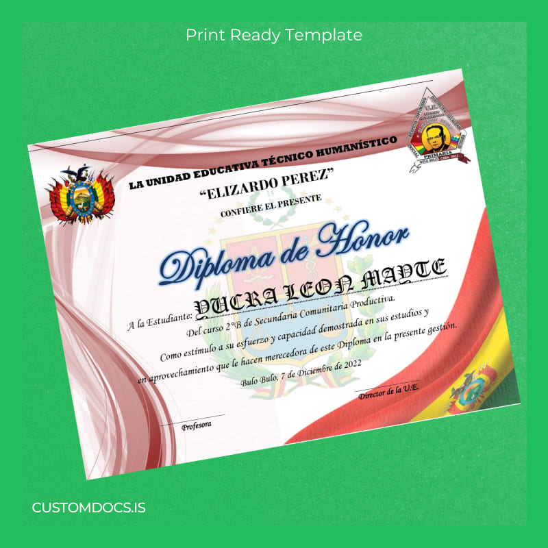 Custom Bolivia Elizardo Pérez Technical Humanistic Educational Unit Diploma page 4 File Preview - CustomDocs