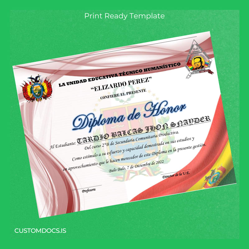 Custom Bolivia Elizardo Pérez Technical Humanistic Educational Unit Diploma page 5 File Preview - CustomDocs