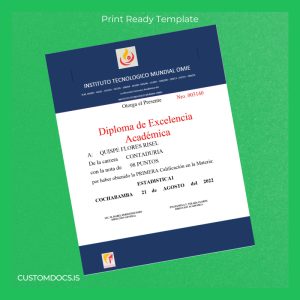 custom Bolivia Instituto Tecnológico Mundial OMIE Academic Excellence Diploma Template File Preview - CustomDocs