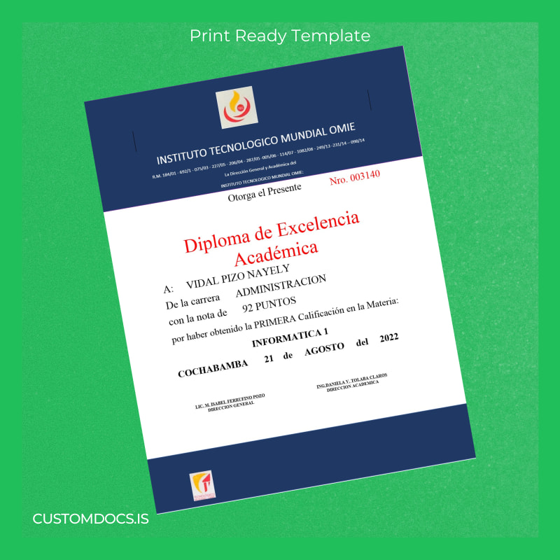 Custom Bolivia Instituto Tecnológico Mundial OMIE Academic Excellence Diploma Template page 4 File Preview - CustomDocs