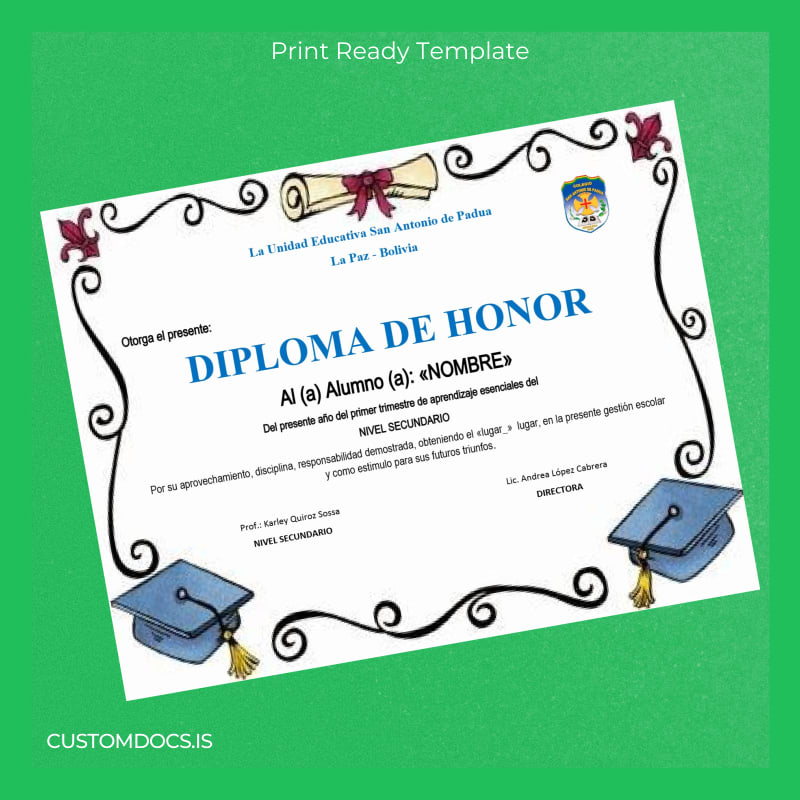 custom Bolivia Unidad Educativa San Antonio de Padua Diploma of Honor Certificate File Preview - CustomDocs