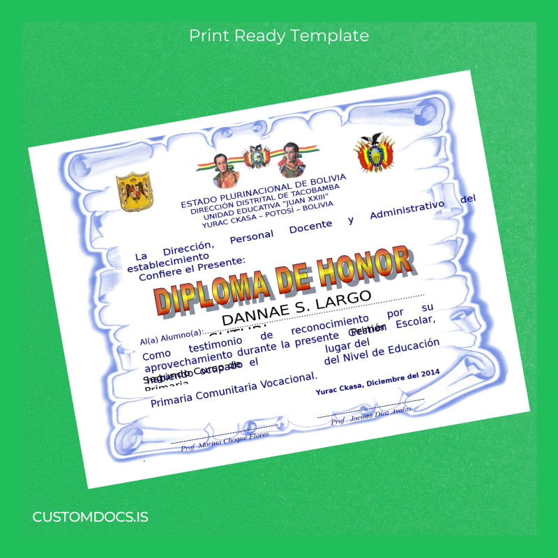 custom Bolivia Unidad Educativa _Juan XXIII_ Diploma of Honor File Preview - CustomDocs