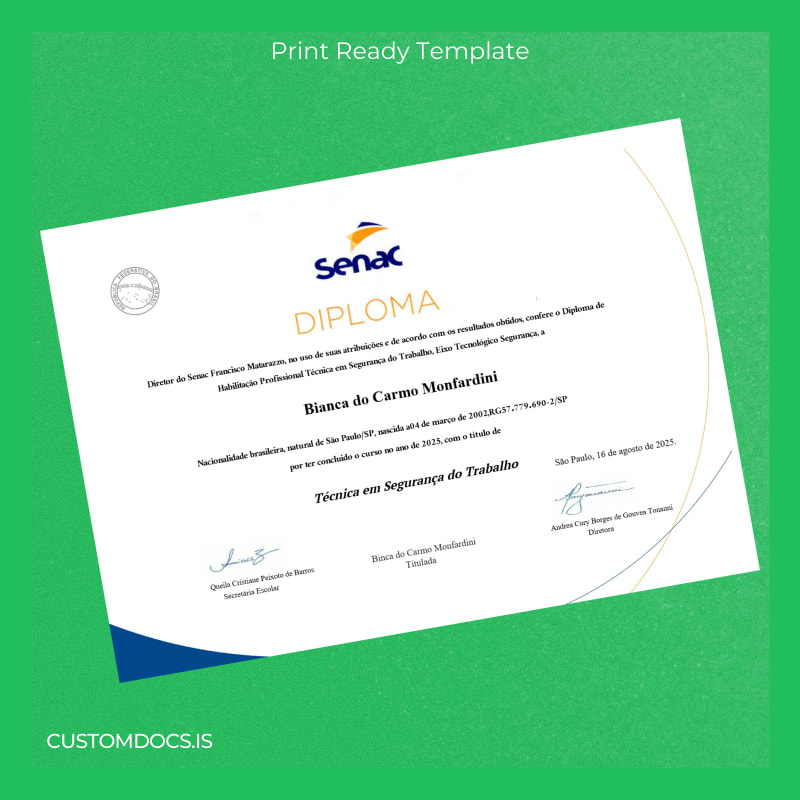 custom Brazil Senac São Paulo Technical Certificate in Work Safety Template File Preview - CustomDocs