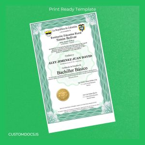 custom Colombia Institución Educativa Rural Simón Bolívar Basic High School Diploma Template File Preview - CustomDocs