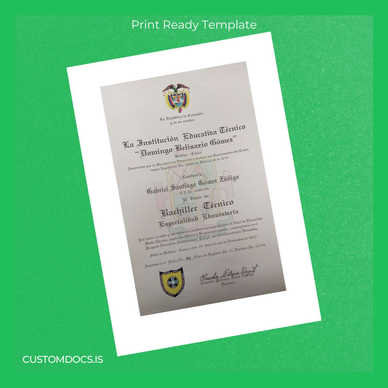 custom Colombia La Institución Educativa Técnica “Domingo Belisario Gómez” Technical High School Diploma in Banking File Preview - CustomDocs