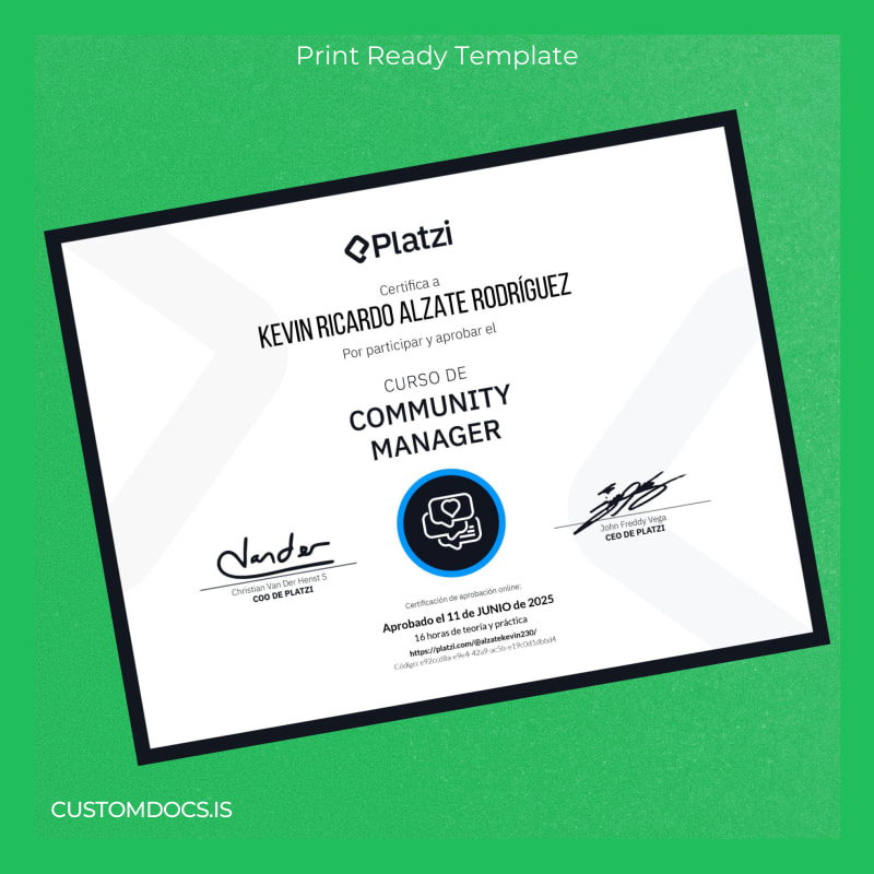 custom Colombia Platzi Community Manager Diploma Template File Preview - CustomDocs
