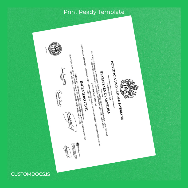 custom Colombia Pontificia Universidad Javeriana Bachelor of Civil Engineering Diploma File Preview - CustomDocs