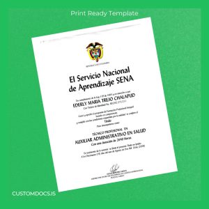 custom Colombia SENA Professional Technician in Administrative Assistance in Health Certificate File Preview - CustomDocs