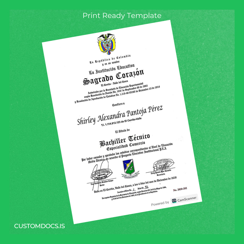 custom Colombia Sagrado Corazón Technical High School Diploma File Preview - CustomDocs