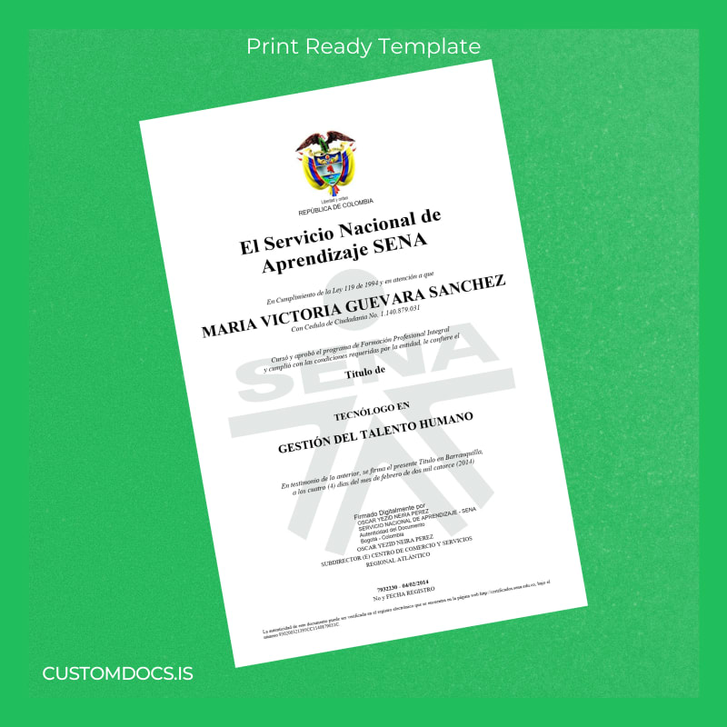 custom Colombia Servicio Nacional de Aprendizaje SENA Technologist in Human Talent Management Template File Preview - CustomDocs