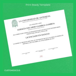 custom Colombia University of Antioquia Bachelor of Arts in Dance Certificate File Preview - CustomDocs