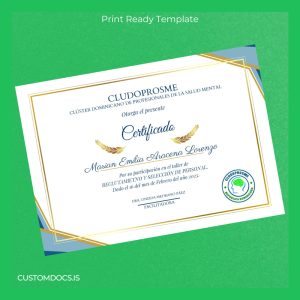 custom Dominican Republic CLUSTER OF DOMINICAN PROFESSIONALS IN MENTAL HEALTH Certificate Template File Preview - CustomDocs