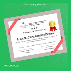 custom Dominican Republic Ramon Emilio Caba School Excellence Diploma Template File Preview - CustomDocs