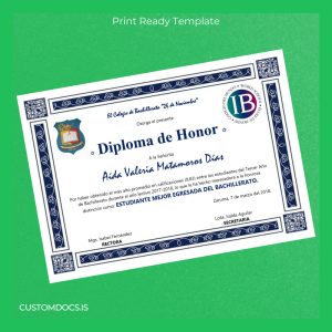 custom Ecuador El Colegio de Bachillerato 26 de Noviembre Diploma of Honor File Preview - CustomDocs