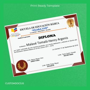 custom Ecuador Escuela de Educación Básica Clara Luz High School Diploma File Preview - CustomDocs