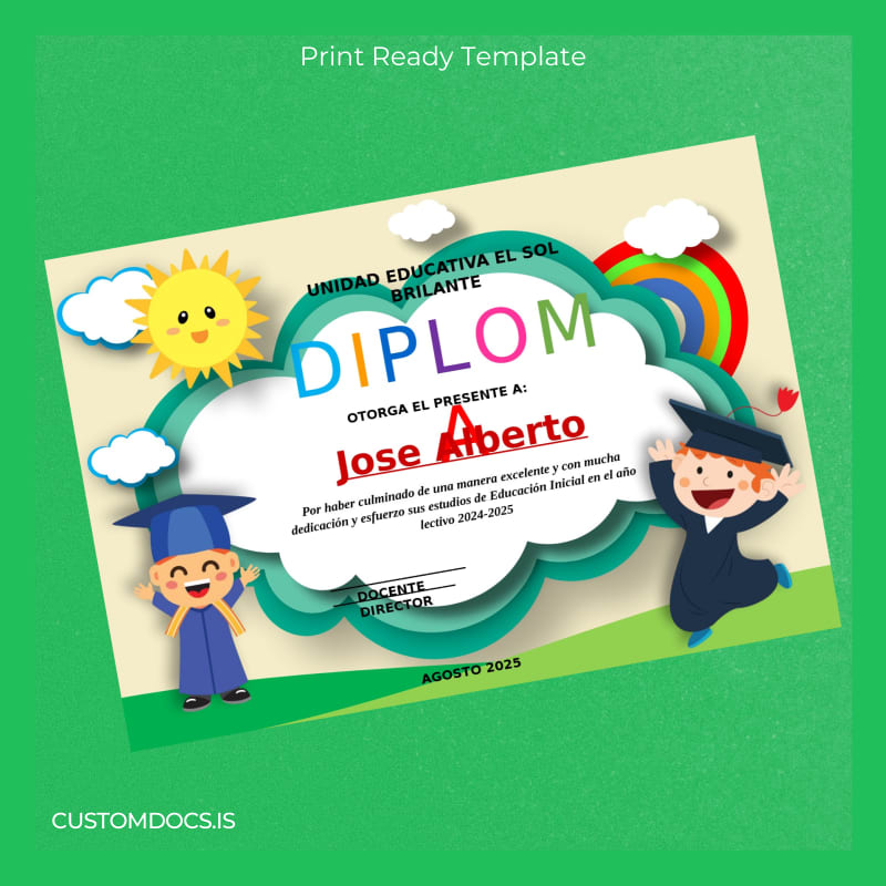 custom Ecuador Unidad Educativa El Sol Brillante Preschool Diploma Template File Preview - CustomDocs