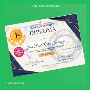 custom Ecuador Unidad Educativa Fiscal Nueve de Octubre Diploma in Calligraphy File Preview - CustomDocs