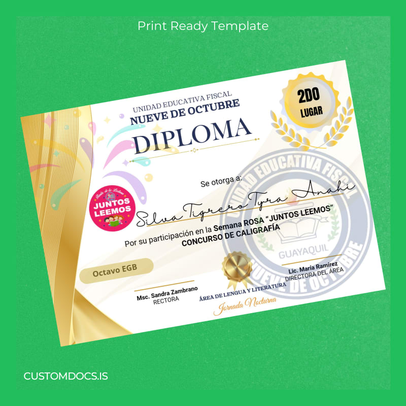 Custom Ecuador Unidad Educativa Fiscal Nueve de Octubre Diploma in Calligraphy page 2 File Preview - CustomDocs