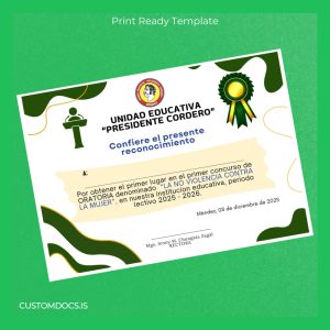custom Ecuador Unidad Educativa Presidente Cordero Diploma in Oratory Certificate File Preview - CustomDocs