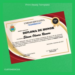 custom Ecuador Unidad Educativa _Caporaya_ Honor Diploma File Preview - CustomDocs