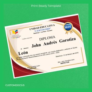 custom Ecuador Unidad Educativa _Certiword_ Basic Education Diploma File Preview - CustomDocs