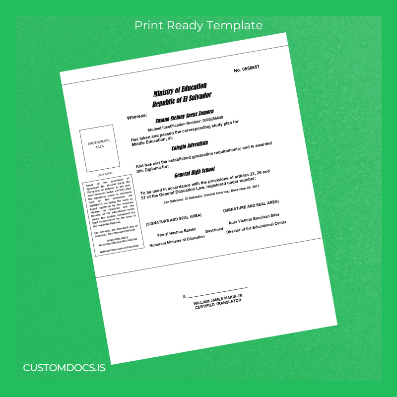 custom El Salvador Colegio Adventista General High School Diploma File Preview - CustomDocs