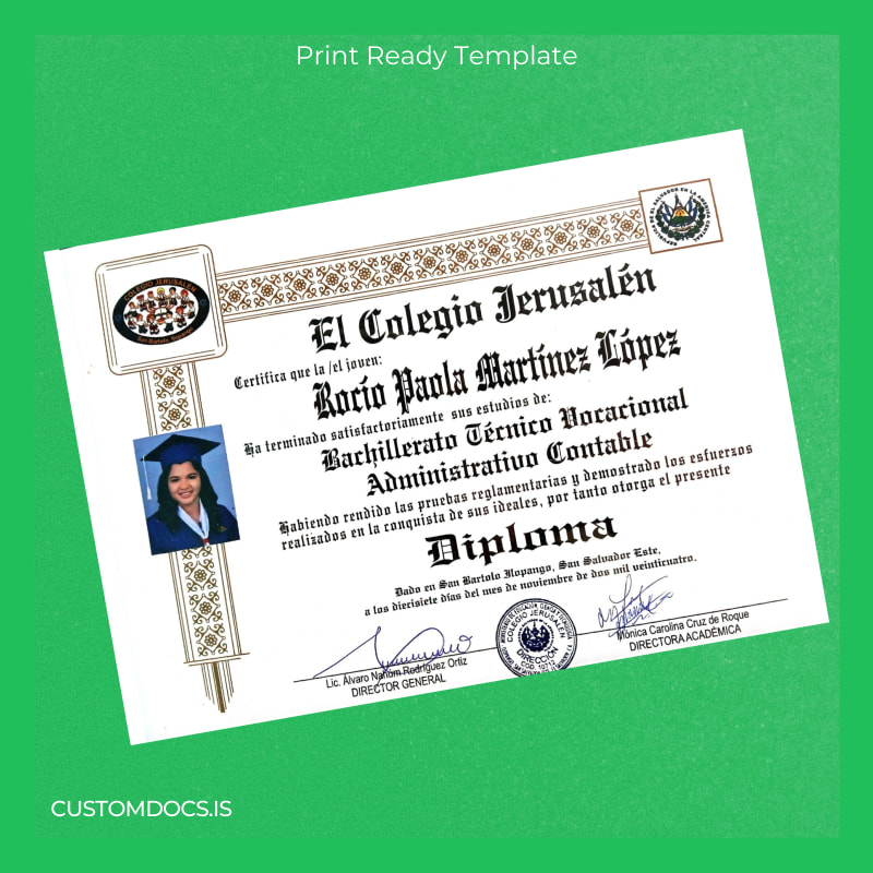 custom El Salvador Colegio Jerusalén High School Diploma in Vocational Technical Accounting Template File Preview - CustomDocs