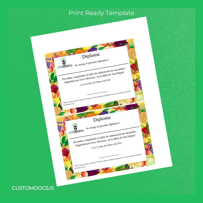 custom El Salvador Give Missions Diploma Certificate in Pickling Workshop File Preview - CustomDocs