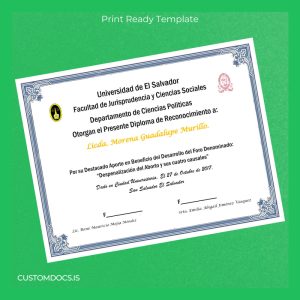 custom El Salvador Universidad de El Salvador Diploma of Recognition File Preview - CustomDocs
