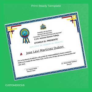 custom Honduras C.E.B. Antonio Ramón Vallejo Honorary Diploma Template File Preview - CustomDocs