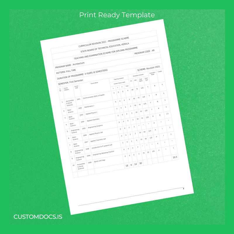 custom India State Board of Technical Education Kerala Diploma in Architecture Template File Preview - CustomDocs