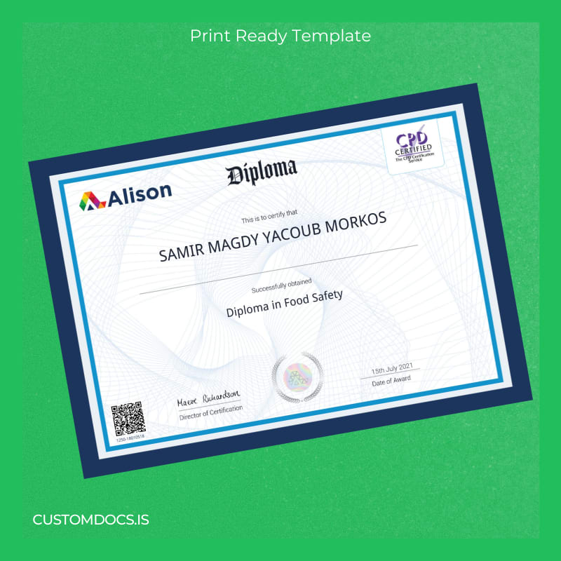 custom Ireland Alison Diploma in Food Safety Template File Preview - CustomDocs