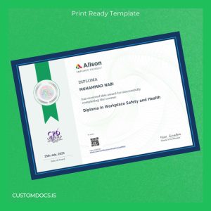 custom Ireland Alison Diploma in Workplace Safety and Health Template File Preview - CustomDocs