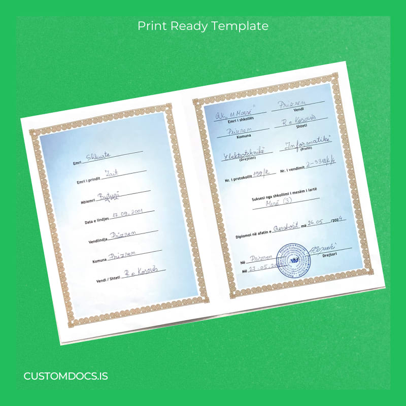 custom Kosovo Shkolla e Mesme Shkollore High School Diploma File Preview - CustomDocs