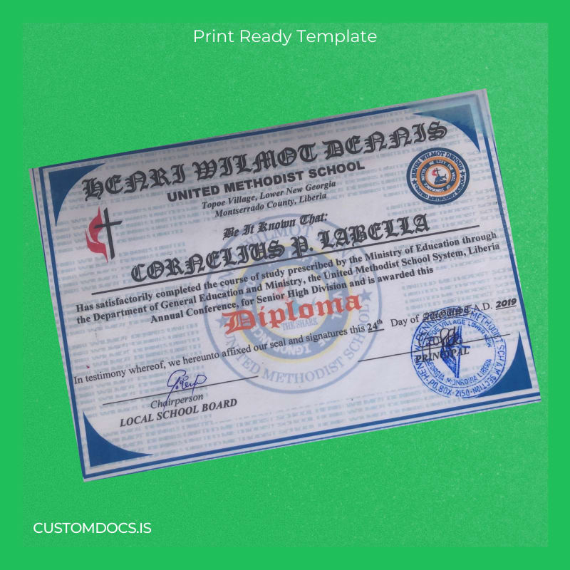 custom Liberia United Methodist School Senior High Division Diploma Template File Preview - CustomDocs